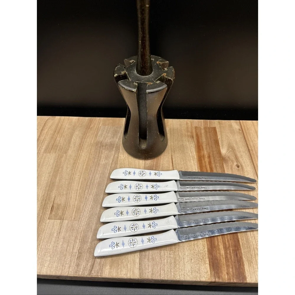 6 Vintage EKCO Vanadium‎ Dutch Tulip Steak Knives USA Hollow Ground Set w Holder